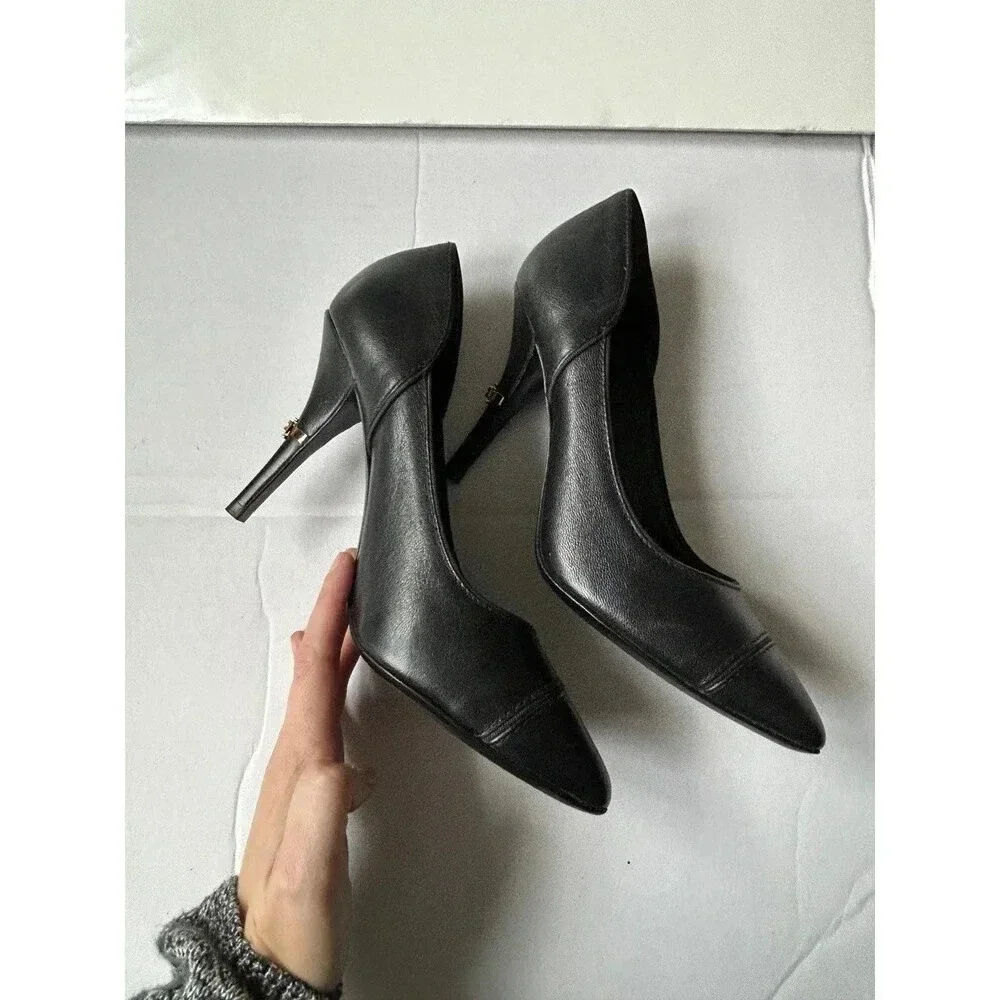 Tory Burch Bernice Leather Pointed Toe Logo Charm High Heels Pumps Shoes